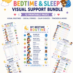 May include: A printable bundle titled Autism Bedtime & Sleep Visual Support Bundle featuring 12 pages of charts, routines, and checklists. The pages include My Bedtime Rules, My Bedtime Routine, My Bedtime Rewards Chart, and My Good Night Check List with colorful illustrations of children and bedtime icons.