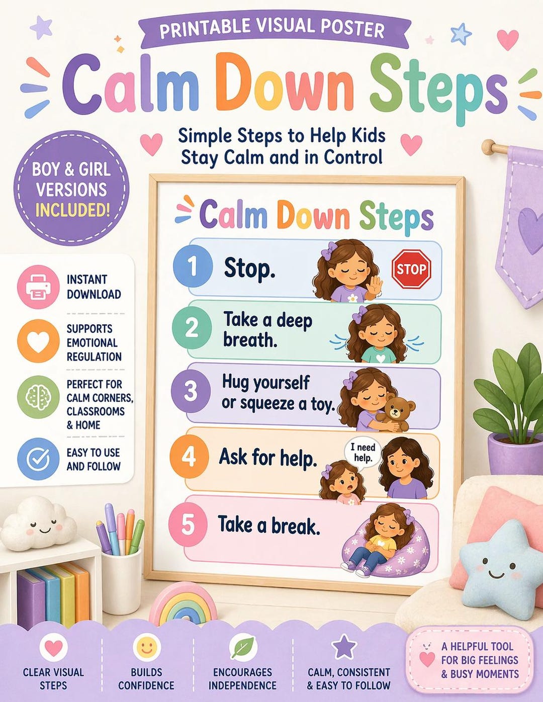 Calm Down Steps Printable for Kids | Autism Visual Support Poster ...
