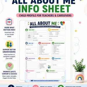 Op de afbeelding: Een "All About Me"-infoblad voor autismesteun, ontworpen als kinderprofiel voor leerkrachten en verzorgers. Het blad bevat secties voor basisinfo, communicatie, voorkeuren, afkeer en sensorische behoeften.