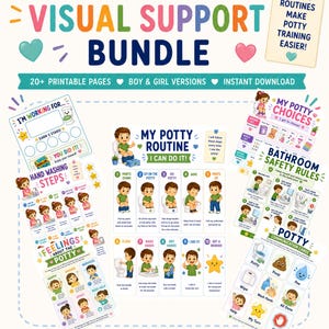 May include: A potty training visual support bundle featuring printable pages with colorful illustrations, step-by-step routine charts, hand washing steps, safety rules, and communication cards with text including Potty Training Visual Support Bundle.