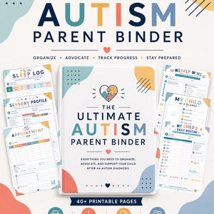 May include: A white binder titled The Ultimate Autism Parent Binder with a puzzle heart icon, surrounded by printable pages including a sleep log, sensory profile, appointment log, weekly wins, and daily routine, featuring US letter size 21.6 x 27.9 cm.