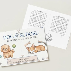 Peut inclure: Un ensemble de puzzles Dog & Sudoku imprimables comprenant 40 grilles de niveau moyen. La couverture présente un caniche en dessin animé, un corgi endormi et des icônes canines. Les pages intérieures montrent deux grilles de Sudoku avec un chiot.