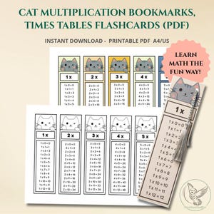 May include: Printable PDF bookmarks featuring cat illustrations and multiplication times tables from 1x to 5x. The text includes CAT MULTIPLICATION BOOKMARKS, TIMES TABLES FLASHCARDS (PDF), INSTANT DOWNLOAD - PRINTABLE PDF A4/US, and LEARN MATH THE FUN WAY!