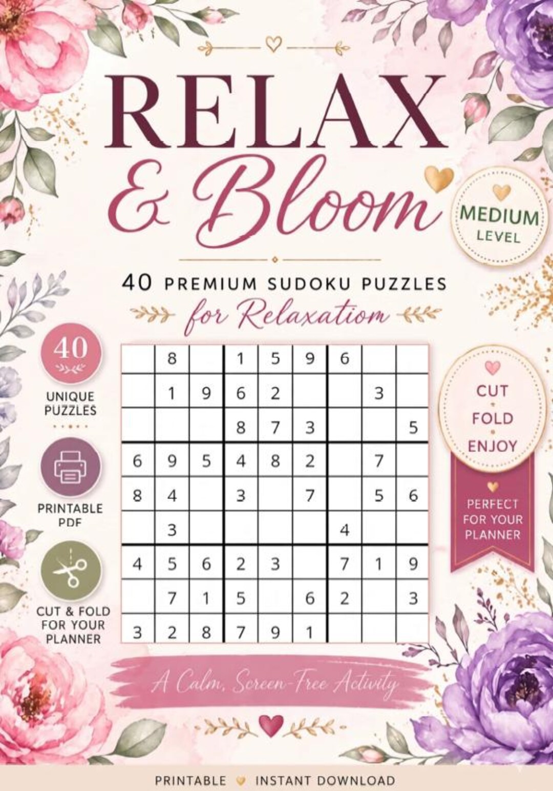 Elegant Floral Sudoku Puzzles – Relax & Bloom Planner Printable (40 ...