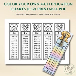 May include: A printable PDF featuring multiplication charts from 1 to 12, decorated with black and white dog illustrations. The text reads COLOR YOUR OWN MULTIPLICATION CHARTS (1-12) PRINTABLE PDF. A colorful bookmark with a dog graphic is included.