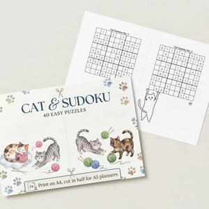 Peut inclure: Un ensemble de puzzles Sudoku imprimables intitulé CAT & SUDOKU 40 EASY PUZZLES avec des illustrations à l'aquarelle de chats jouant avec des pelotes de laine. Les pages incluent des grilles, des empreintes de pattes et des instructions de format A4.