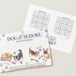 Peut inclure: Un ensemble de feuilles de Sudoku imprimables sur le thème des chiens avec le texte DOG & SUDOKU 40 EASY PUZZLES. Les pages présentent des illustrations à l'aquarelle de chiens, d'os, de balles et d'empreintes de pattes, avec deux grilles.