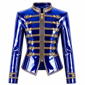以下が含まれることがあります： 光沢のあるロイヤルブルーのジャケット。ハイカラー、中央のゴールドジッパー、前面の装飾的なゴールドの編み込みコードのディテールが特徴です。ゴールドトーンのボタンと、袖口と襟の縁にマッチしたゴールドのトリムがあしらわれています。
