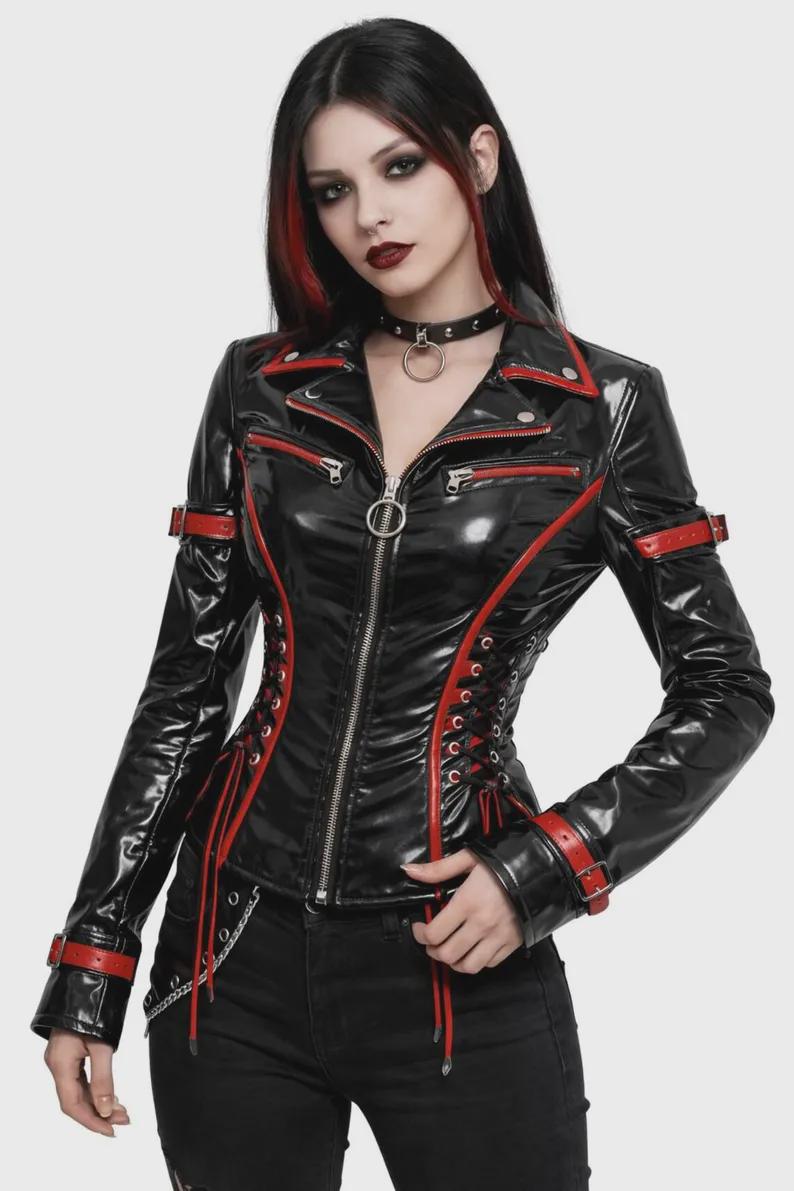 Handmade WOMEN Wet Look PVC Biker Jacket – Black Red Trim Gothic Punk ...