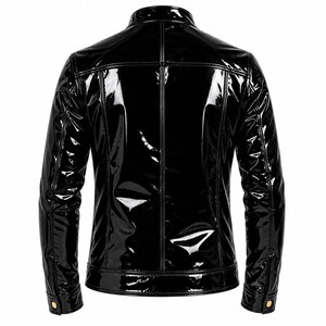 メンズ ブラック ウェットルック PVC レザー モトバイカージャケット、光沢のあるパテント ゴシック ストリートウェア コート 画像 4