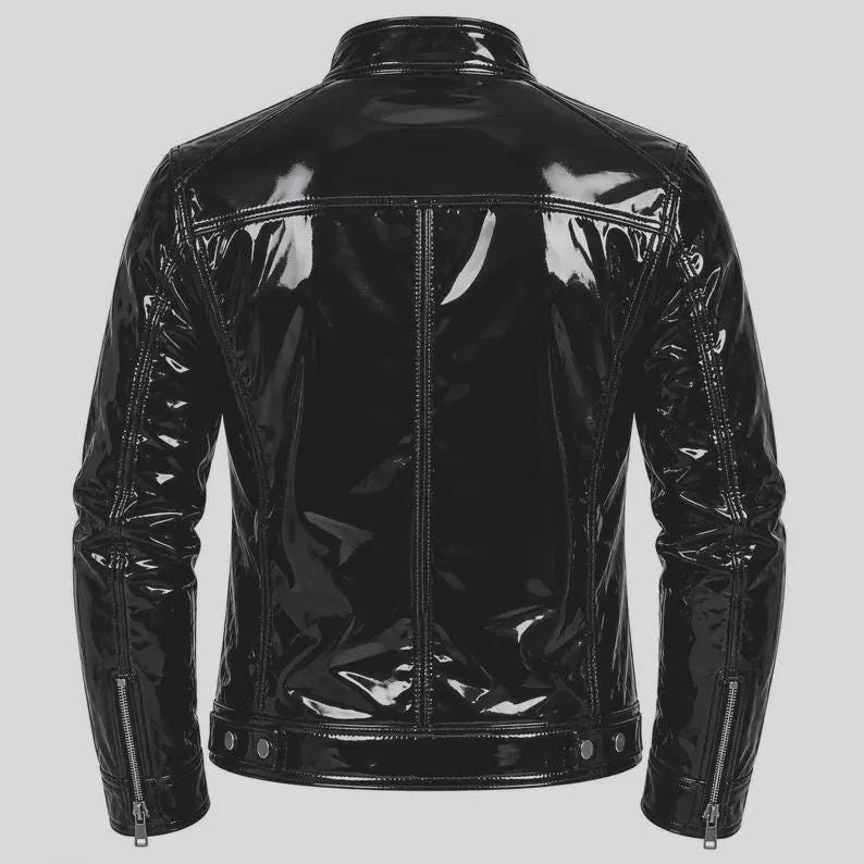Men's Black Wet Look PVC Leather Moto Biker Jacket, Shiny Patent Gothic Streetwear Coat image 2