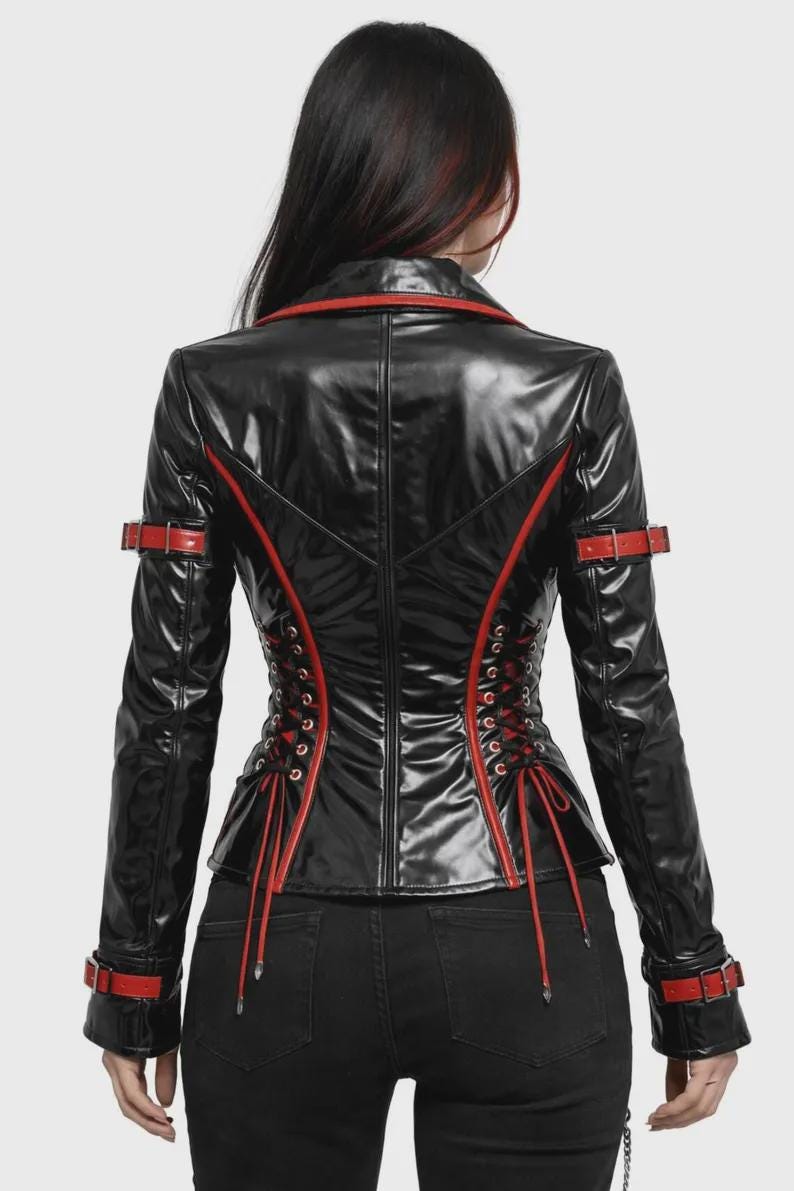 Handmade WOMEN Wet Look PVC Biker Jacket – Black Red Trim Gothic Punk ...