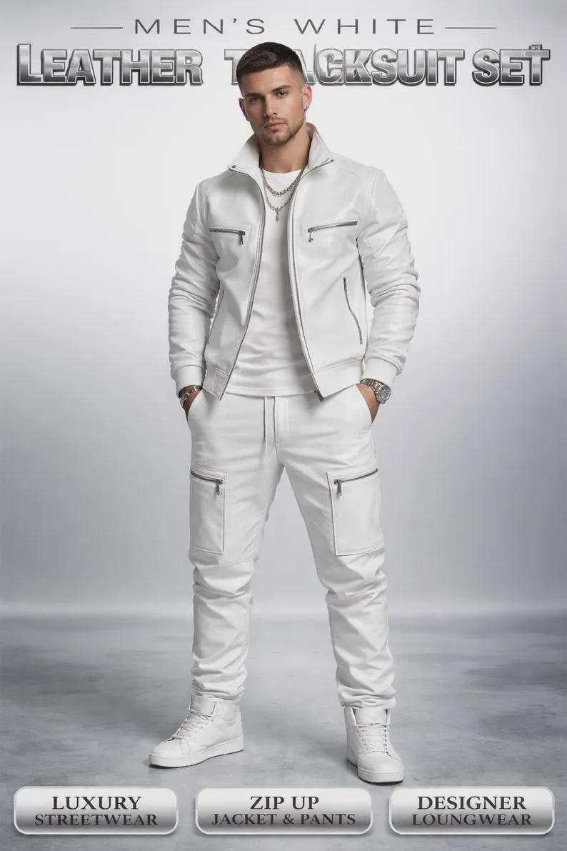 Men's White Crocodile Embossed Leather Tracksuit Set, Handmade Streetwear Outfit