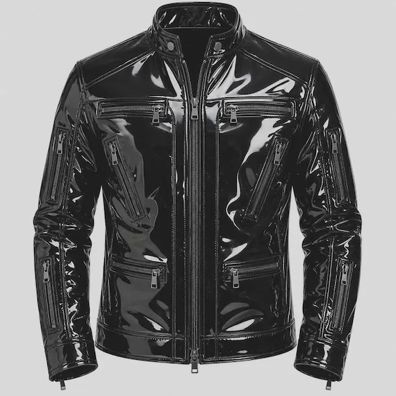 Men's Black Wet Look PVC Leather Moto Biker Jacket, Shiny Patent Gothic Streetwear Coat