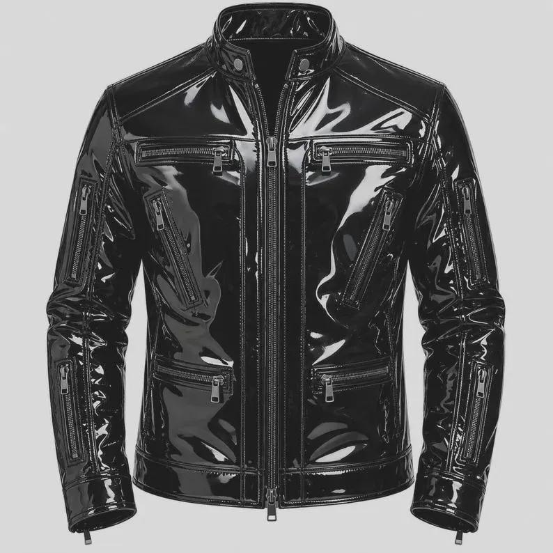 May include: A black glossy jacket with a high collar and a full-length front zipper. The jacket features multiple zippered pockets on the chest and sleeves, long sleeves with zippered cuffs, and a smooth, reflective finish throughout the garment.
