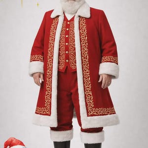 May include: A person dressed as Santa Claus in a red suit with gold embroidery and white faux fur trim. The outfit includes a hat, coat, vest, pants, and black boots. A snowman illustration is in the lower left corner.