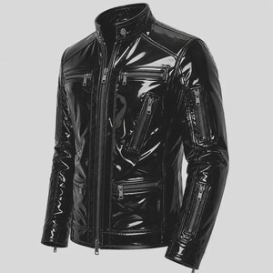 May include: A black glossy jacket with a high collar and a full-length front zipper. The jacket features multiple zippered pockets on the chest and sleeves, with silver-toned metal hardware throughout. The material has a reflective, patent finish.