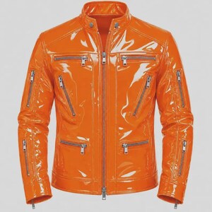 May include: A bright orange jacket with a glossy, patent-like finish. The garment features a stand-up collar with snap buttons, a central full-length zipper, and multiple silver-toned zippered pockets located on the chest and sleeves.