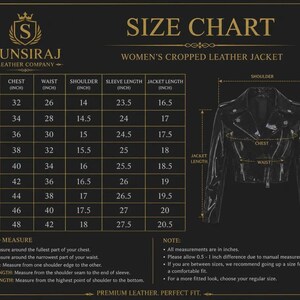 以下が含まれることがあります： SUNSIRAJ LEATHER COMPANYのレザージャケットサイズチャート。胸囲、ウエスト、肩幅、袖丈、着丈のインチ単位の測定値がXSから5XLサイズまで記載されており、ジャケットの視覚的な図解が含まれています。