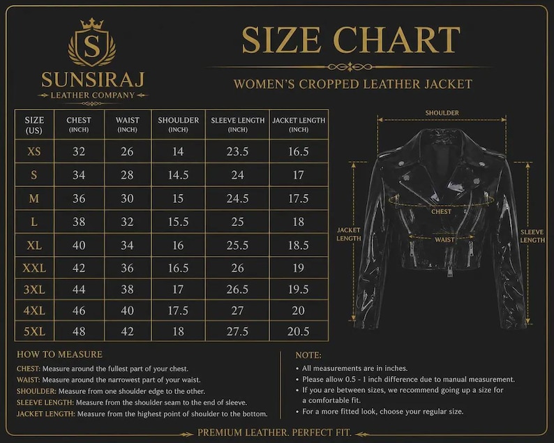 以下が含まれることがあります： SUNSIRAJ LEATHER COMPANYのレザージャケットサイズチャート。胸囲、ウエスト、肩幅、袖丈、着丈のインチ単位の測定値がXSから5XLサイズまで記載されており、ジャケットの視覚的な図解が含まれています。
