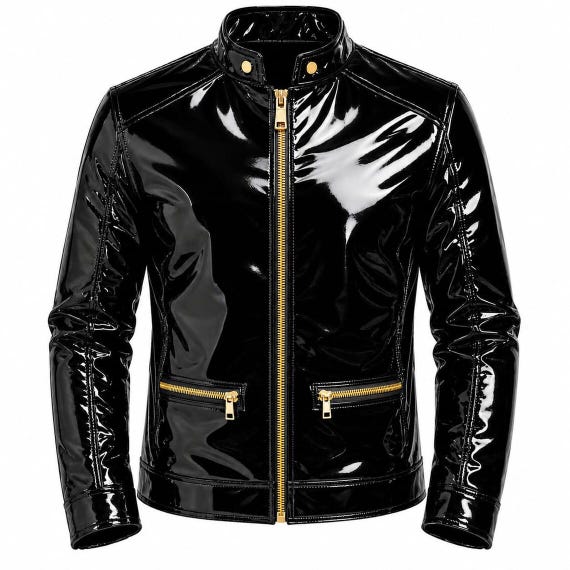 Men's Black Wet Look PVC Leather Moto Biker Jacket, Shiny Patent Gothic Streetwear Coat