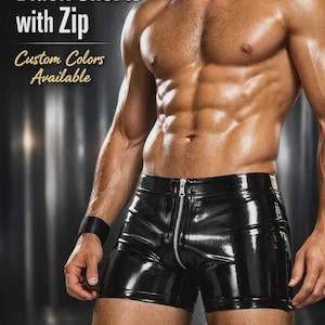 May include: Shiny black latex shorts with a front zip. The image includes the text "Men's Latex Black Shorts with Zip" and "Custom Colors Available". The shorts are shown with red, blue, and white colour options.