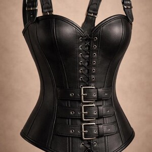 Real Leather Corset Top | Gothic Buckle Bustier, Lace-Up Front, Handmade Harness Detail