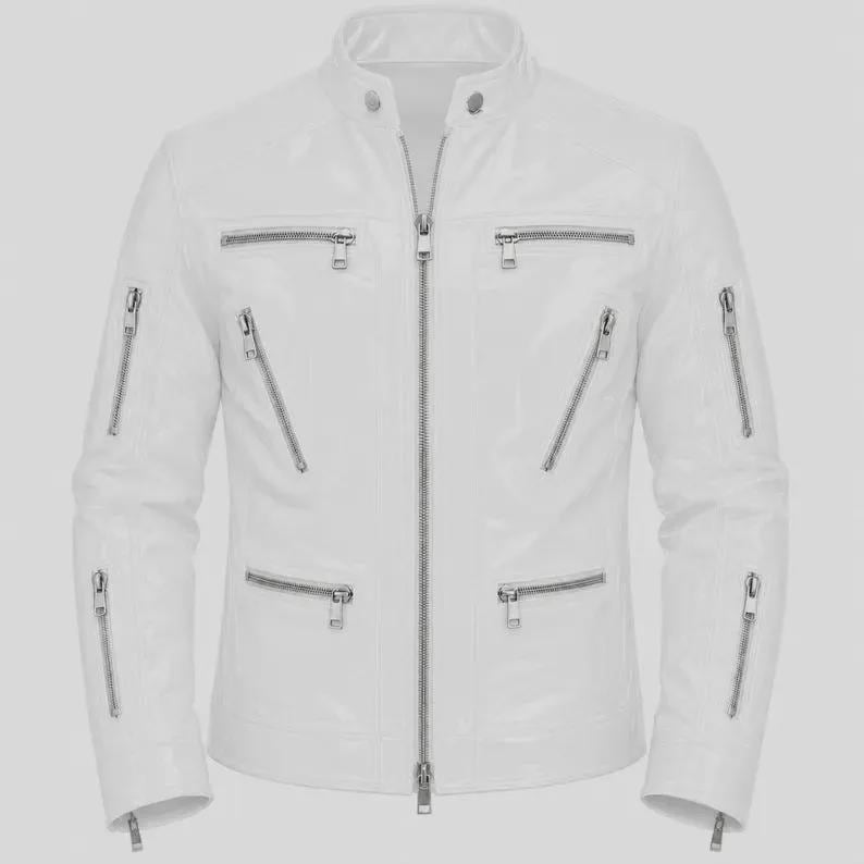 May include: A white jacket featuring a stand-up collar with two snap buttons, a central full-length silver zipper, and multiple silver zippered pockets located on the chest and lower torso, along with additional zippered accents on the sleeves.