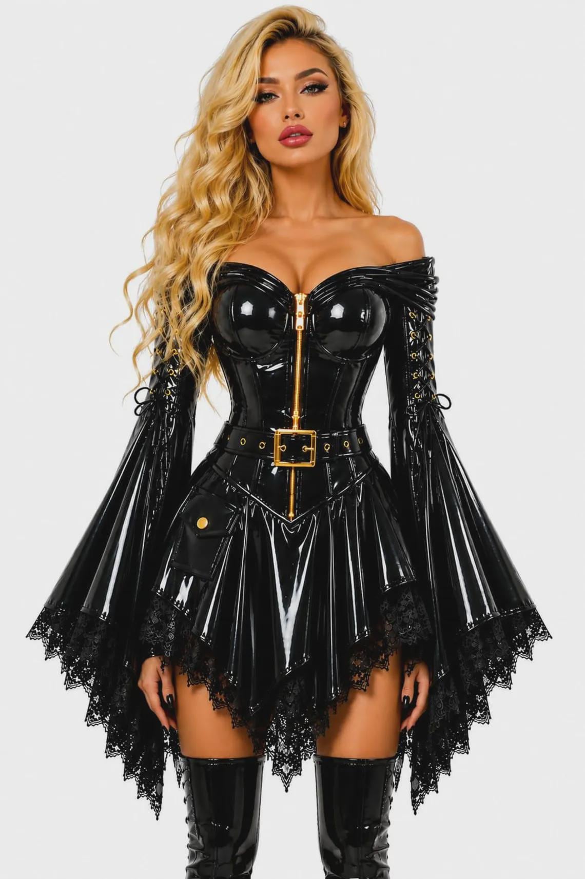pvc corset dress Long Size:12/13 Years fall bubble mini dress Boho Lace Hollow-Out Midi Strapless dress vinyl (PVC) Inner materials