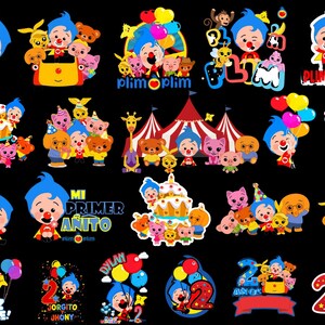 K&ouml;nnte beinhalten: Eine Sammlung digitaler Illustrationen mit der Zeichentrickfigur Plim Plim, verschiedenen tierischen Freunden, Geburtstagskuchen, bunten Luftballons, Zirkuszelten und Zahlen. Die Grafiken enthalten Texte wie Plim Plim, Mi Primer A&ntilde;ito, Feliz Cumple, Dylay, Jorgito y Jhony und 2 A&ntilde;os.