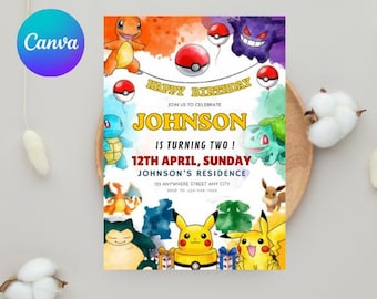 Editable Pokemon Birthday Invitation, Printable Pikachu Party Invite Card Digital Template for Kids Canva