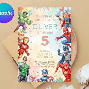 May include: A colorful birthday invitation featuring superhero illustrations. The invitation includes the text "Calling All Superheroes!" and "Oliver is turning 5". The design includes images of the Hulk, Iron Man, Spider-Man, and other superheroes.