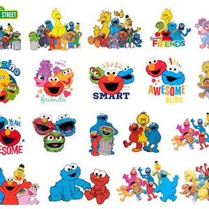 May include: A collection of twenty distinct graphic illustrations featuring Sesame Street characters including Elmo, Big Bird, Cookie Monster, Abby Cadabby, Oscar the Grouch, Bert, and Ernie, with various text elements like Amazing, Super Smart, and Awesome Buds.