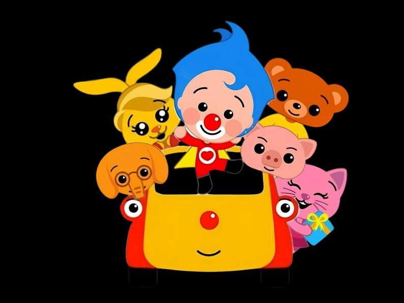 K&ouml;nnte beinhalten: Eine farbenfrohe Cartoon-Illustration mit einer zentralen Figur mit blauen Haaren und roter Nase in einem gelb-roten Auto, umgeben von einem gelben Hasen, einem orangefarbenen Elefanten, einem braunen B&auml;ren, einem rosa Schwein und einer rosa Katze.