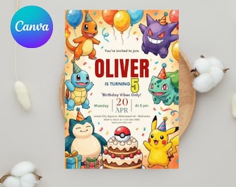 Editable Pokemon Birthday Invitation, Printable Pikachu Party Invite Card Digital Template for Kids Canva