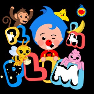 K&ouml;nnte beinhalten: Eine farbenfrohe grafische Illustration mit der Figur Plim Plim mit blauem Haar und roter Nase, umgeben von einem Affen, einer Biene, einem K&uuml;ken und einer Spinne. Das Wort PLIM PLIM ist in gro&szlig;en, stilisierten, bunten Buchstaben geschrieben.