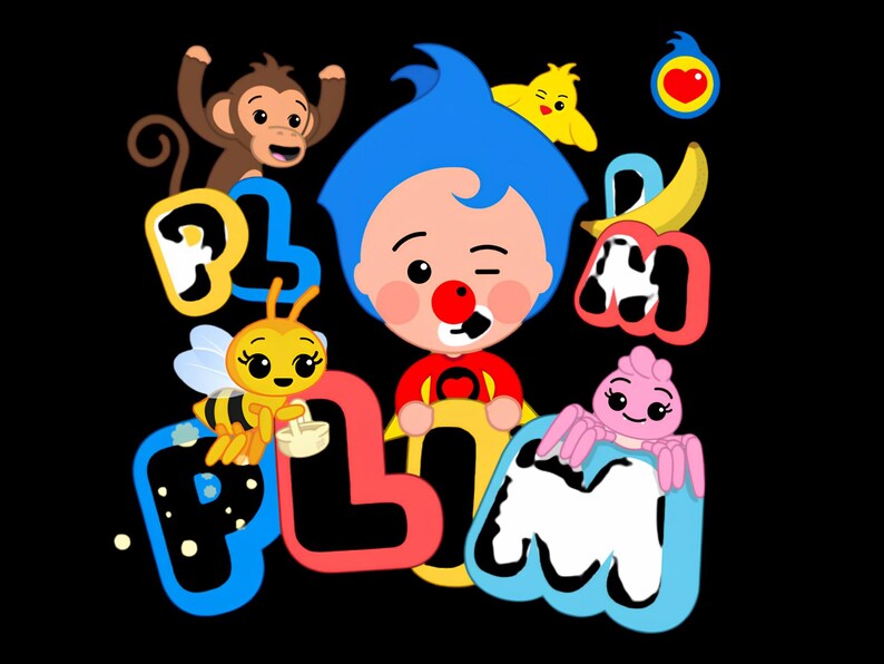 K&ouml;nnte beinhalten: Eine farbenfrohe grafische Illustration mit der Figur Plim Plim mit blauem Haar und roter Nase, umgeben von einem Affen, einer Biene, einem K&uuml;ken und einer Spinne. Das Wort PLIM PLIM ist in gro&szlig;en, stilisierten, bunten Buchstaben geschrieben.