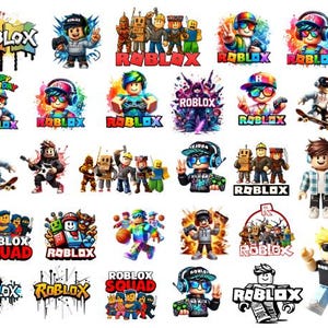 Può includere: Una collezione di grafiche e illustrazioni colorate a tema Roblox. Le immagini presentano vari avatar, loghi ed elementi testuali, tra cui la parola "ROBLOX" in diversi stili e la frase "Happy Birthday".