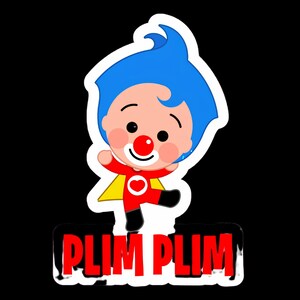 K&ouml;nnte beinhalten: Ein Aufkleber mit einer Zeichentrickfigur mit leuchtend blauem Haar, einer roten Clownsnase und einem roten Outfit mit gelbem Umhang und wei&szlig;em Herzsymbol auf der Brust. Unter der Figur steht der Text PLIM PLIM in fetten, roten Gro&szlig;buchstaben.