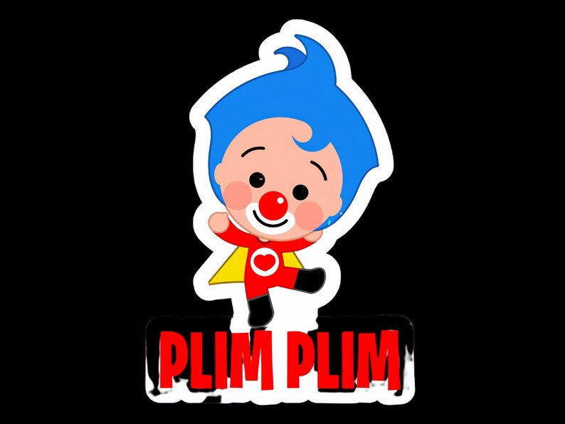 K&ouml;nnte beinhalten: Ein Aufkleber mit einer Zeichentrickfigur mit leuchtend blauem Haar, einer roten Clownsnase und einem roten Outfit mit gelbem Umhang und wei&szlig;em Herzsymbol auf der Brust. Unter der Figur steht der Text PLIM PLIM in fetten, roten Gro&szlig;buchstaben.