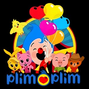 K&ouml;nnte beinhalten: Eine farbenfrohe grafische Illustration mit der Figur Plim Plim mit blauem Haar und roter Nase, die einen Strau&szlig; herzf&ouml;rmiger Luftballons in Rot, Gelb, Pink und Orange h&auml;lt. Umgeben von einem gelben K&uuml;ken, einer rosa Katze, einem Schwein und einem B&auml;ren, mit dem Text Plim Plim.