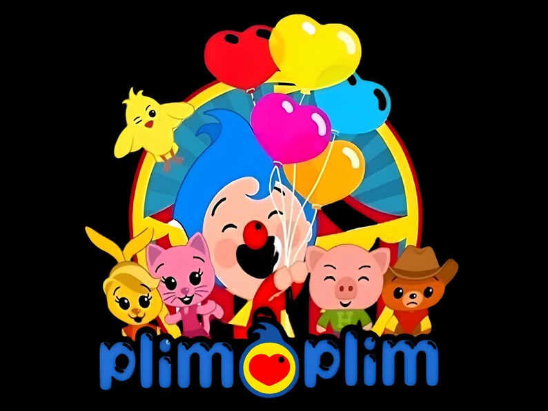 K&ouml;nnte beinhalten: Eine farbenfrohe grafische Illustration mit der Figur Plim Plim mit blauem Haar und roter Nase, die einen Strau&szlig; herzf&ouml;rmiger Luftballons in Rot, Gelb, Pink und Orange h&auml;lt. Umgeben von einem gelben K&uuml;ken, einer rosa Katze, einem Schwein und einem B&auml;ren, mit dem Text Plim Plim.