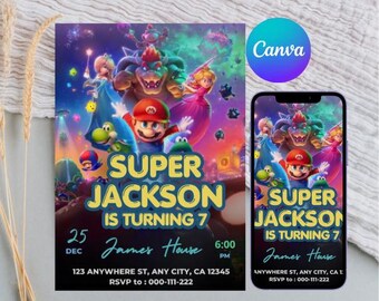 Mario Galaxy Birthday Invitation, Outer Space Party Invite, Boys Gaming Birthday Card, Canva Template, Instant Download (5x7 in)
