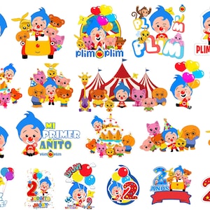 K&ouml;nnte beinhalten: Eine Sammlung von Plim Plim-Aufklebern mit dem blauhaarigen Clown, verschiedenen Freunden, bunten Luftballons, Geburtstagstorten, Zirkuszelten und Zahlen. Die Grafiken enthalten Texte wie Plim Plim, Mi Primer Anito und Feliz Cumple.