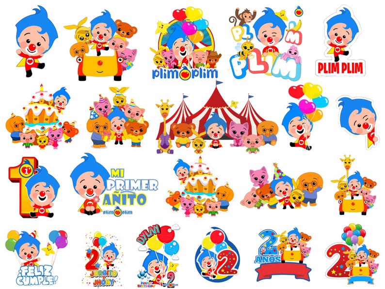 K&ouml;nnte beinhalten: Eine Sammlung von Plim Plim-Aufklebern mit dem blauhaarigen Clown, verschiedenen Freunden, bunten Luftballons, Geburtstagstorten, Zirkuszelten und Zahlen. Die Grafiken enthalten Texte wie Plim Plim, Mi Primer Anito und Feliz Cumple.