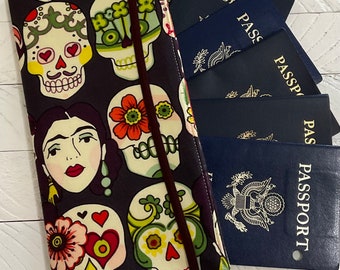 FUN Family Passport Holder,  Holds 4 6 8 Passports, Frida Fabric, Mexico Skulls, Cinco de Mayo, Passport International, APO Travel Accessory