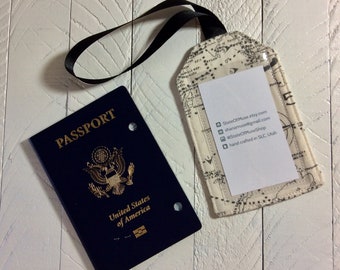 MAP Luggage Tag and Passport Holder, World Traveler Gift, Lighthouse Fabric, Boarding Pass Holder, Study Abroad Gift For Friend