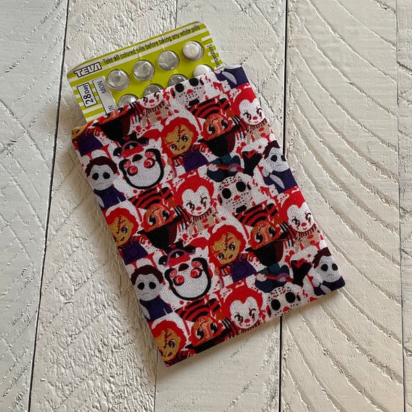 Funny Birth Control Pill Sleeve - Pill Cover Travel Accessory - Horror Movie Wallet - Chucky  IT Clown Jason Freddy - Pill Holder Halloween