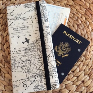 Travel Wallet for Passport and Boarding Passes, International Long Passport Holder, Map Fabric, Holds 2 Passports, Popular Travel Accessory