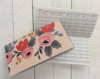 CHECKBOOK COVER - Blushing Rosa Paper by Rifle Paper Co - Pink Coral Peony Floral Check Book - Vinyl Cover Wildflower
